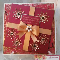Luxury Handmade Christmas Card - Warmest Wishes for a Wonderful Christmas.... Red & Gold parcel card with clusters of stars & pearl embellishment