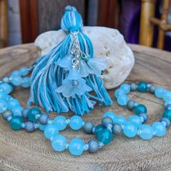 Long necklace set - Blue glass with flowers