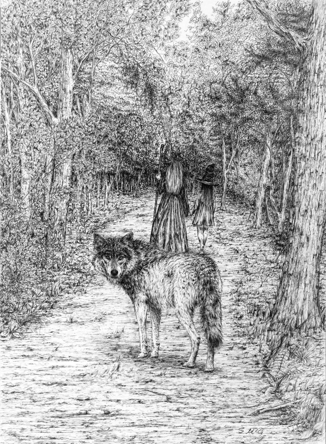 Witch print, witches in woods, wolf print, pagan art, woods, wall art