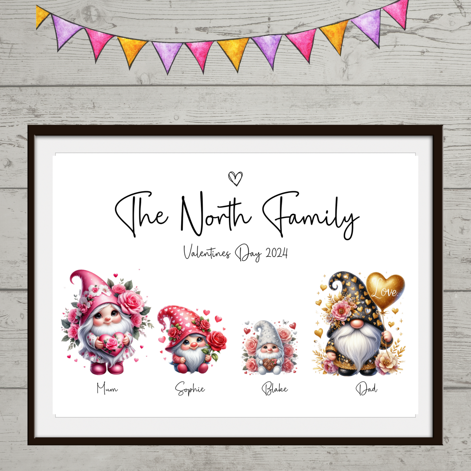 Valentines gnome family print, Family picture, Personalised family print, Family gift Valentines gnome family print, Family picture, Personalised family print, Family gift