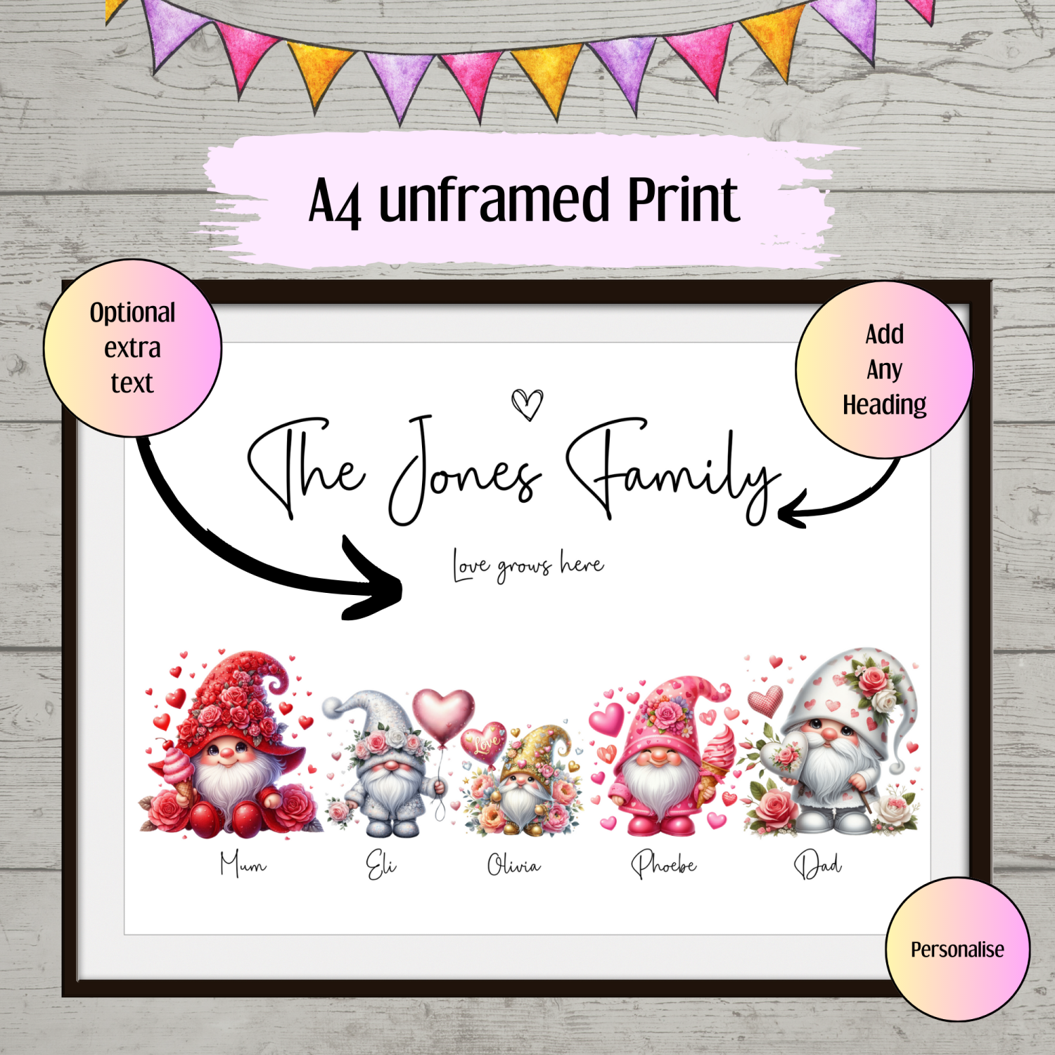 Valentines gnome family print, Family picture, Personalised family print, Family gift Valentines gnome family print, Family picture, Personalised family print, Family gift
