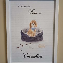 Cavachion Print, Dog Wall Art, Cavachion wearing a Blue Bandana sitting in a cosy Dog Bed, Home Decor, Dog Lover Framed Print