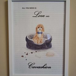 Cavachion Print, Dog Wall Art, Cavachion wearing a Blue Floral Bow Tie sitting in a cosy Dog Bed, Home Decor, Dog Lover Framed Print