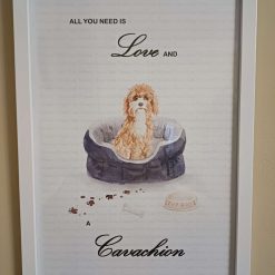 Cavachion Print, Dog Wall Art, Cavachion sitting in a cosy Dog Bed, Home Decor, Dog Lover Framed Print