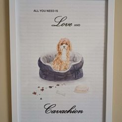 Cavachion Print, Dog Wall Art, Cavachion wearing a pink centre hair bow sitting in a cosy Dog Bed, Home Decor, Dog Lover Framed Print