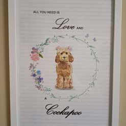 Cockapoo Print, Dog Wall Art, Apricot Cockapoo wearing two clusters of pink flowers in her hair standing in a circle of flowers, Home Decor, Dog Lover Framed Print
