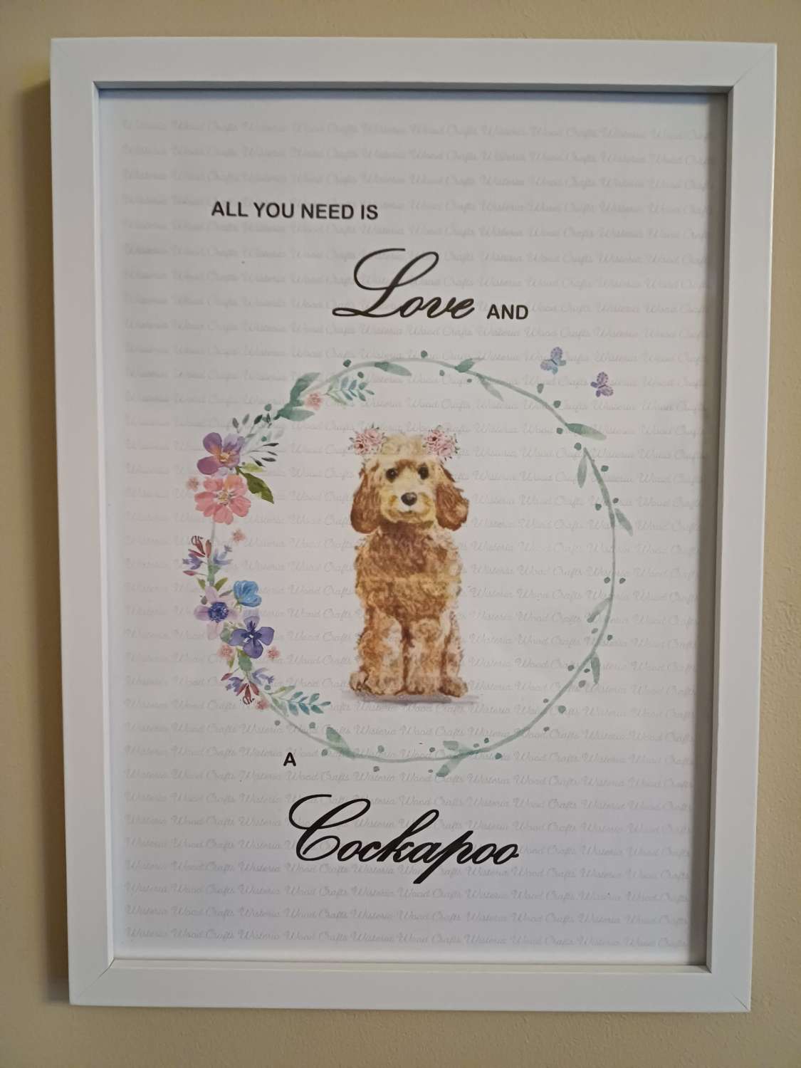 Cockapoo Print, Dog Wall Art, Apricot Cockapoo wearing two clusters of pink flowers in her hair standing in a circle of flowers, Home Decor, Dog Lover Framed Print Cockapoo Print, Dog Wall Art, Apricot Cockapoo wearing two clusters of pink flowers in her hair standing in a circle of flowers, Home Decor, Dog Lover Framed Print