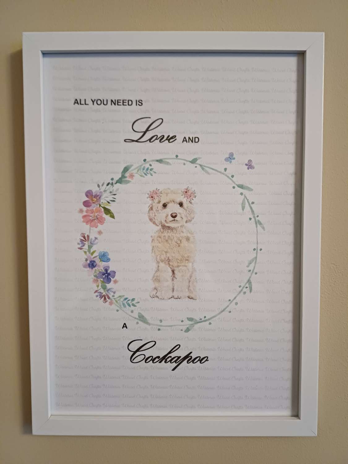 Cockapoo Print, Dog Wall Art, White/Cream/Champagne Cockapoo wearing two clusters of pink flowers in her hair standing in a circle of flowers, Home Decor, Dog Lover Framed Print Cockapoo Print, Dog Wall Art, White/Cream/Champagne Cockapoo wearing two clusters of pink flowers in her hair standing in a circle of flowers, Home Decor, Dog Lover Framed Print