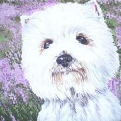 Two Westies side by side in the heather waiting for some fun cushion 2