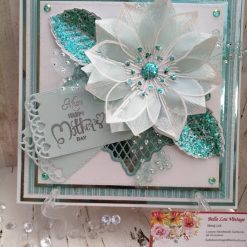 Luxury Handmade Mothers Day card - Pretty Teal & White with large summer bloom - Mum Happy Mothers Day