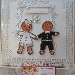 Luxury Handmade Wedding Card - White & Silver gingerbread Bride & Groom under a silver flower arch, Congratulations on your Wedding day