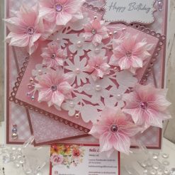 Luxury Handmade Birthday - Pink & White with white flower panel, vellum flowers on a gingham background
