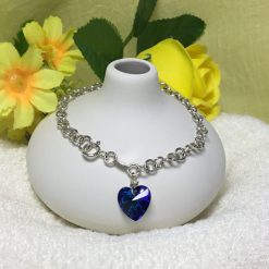 Bermuda Blue Crystal Heart Charm Sterling Silver Bracelet