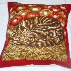 A brown tabby cat curled up in the straw with apples cushion , cotton fabric pillow