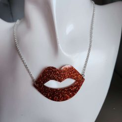 Capricious Things Coquette Jewellery Large Red Glitter Lips Silver Plate Chain Necklace Pendant Valentines Free Shipping