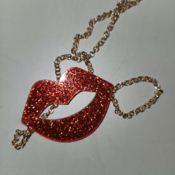 Capricious Things Coquette Jewellery Large Red Glitter Lips Gold Plate Chain Necklace Pendant Valentines Free Shipping