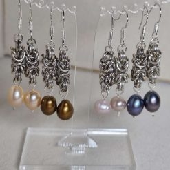 Handmade Sterling Silver and Fresh Water Pearl Byzantine Weave Chainmail Earrings