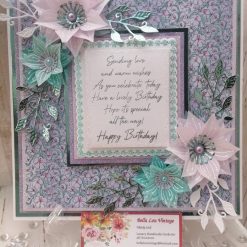 Luxury Handmade Birthday - Teal and Lilac Happy Birthday sentiment panel with vellum flowers to each corner