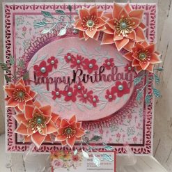 Luxury Handmade Birthday - Pink & Tangerine - Happy Birthday with spray of flowers & oval centre piece