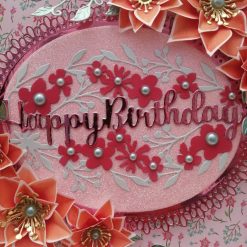 Luxury Handmade Birthday - Pink & Tangerine - Happy Birthday with spray of flowers & oval centre piece 1