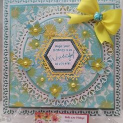 Luxury Handmade Birthday - China blue & Yellow birthday card with flower panel & sentiment to centre