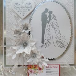 Luxury Handmade Wedding Card - White and silver, Congratulations on your wedding day, with oval framed bride & groom and flower spray