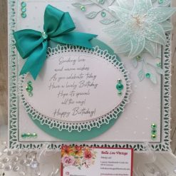 Luxury Handmade Birthday - Teal & White, birthday card with oval framed sentiment and vellum lilly