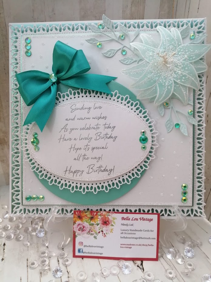 Luxury Handmade Birthday - Teal & White, birthday card with oval framed sentiment and vellum lilly Luxury Handmade Birthday - Teal & White, birthday card with oval framed sentiment and vellum lilly