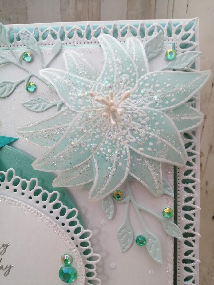 Luxury Handmade Birthday - Teal & White, birthday card with oval framed sentiment and vellum lilly Luxury Handmade Birthday - Teal & White, birthday card with oval framed sentiment and vellum lilly
