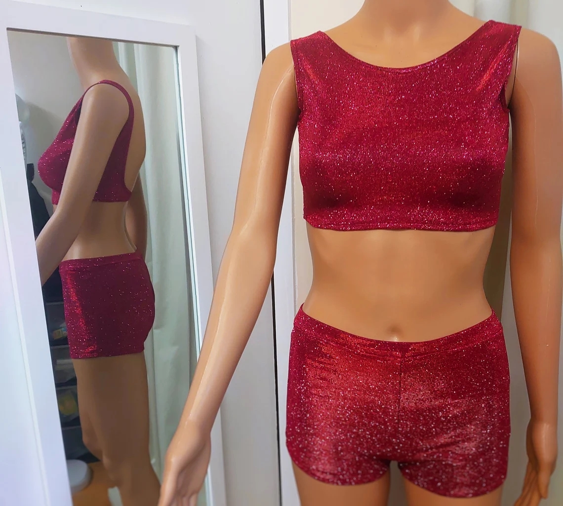 Elastic Metallic Glitter Top & Short Set, Glitter Booty Shorts, for Party Elastic Metallic Glitter Top & Short Set, Glitter Booty Shorts, for Party