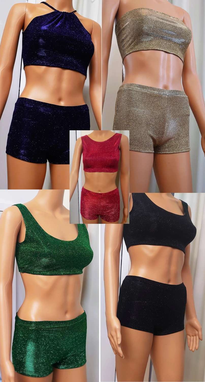 Elastic Metallic Glitter Top & Short Set, Glitter Booty Shorts, for Party Elastic Metallic Glitter Top & Short Set, Glitter Booty Shorts, for Party