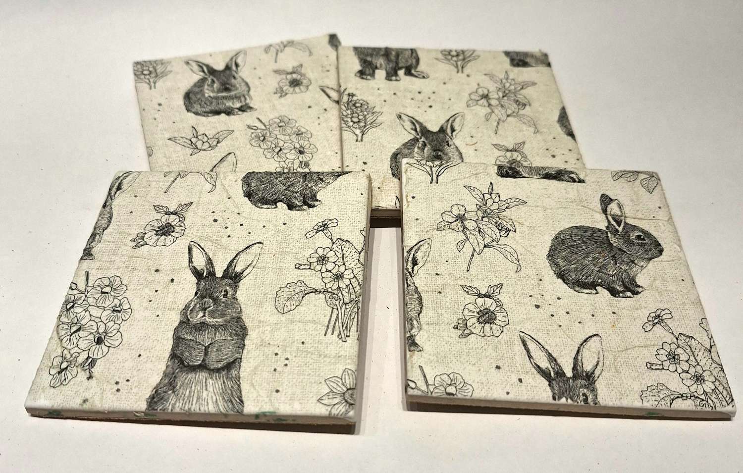 Coasters -Set of four vintage style bunny decoupage flowers Coasters -Set of four vintage style bunny decoupage flowers