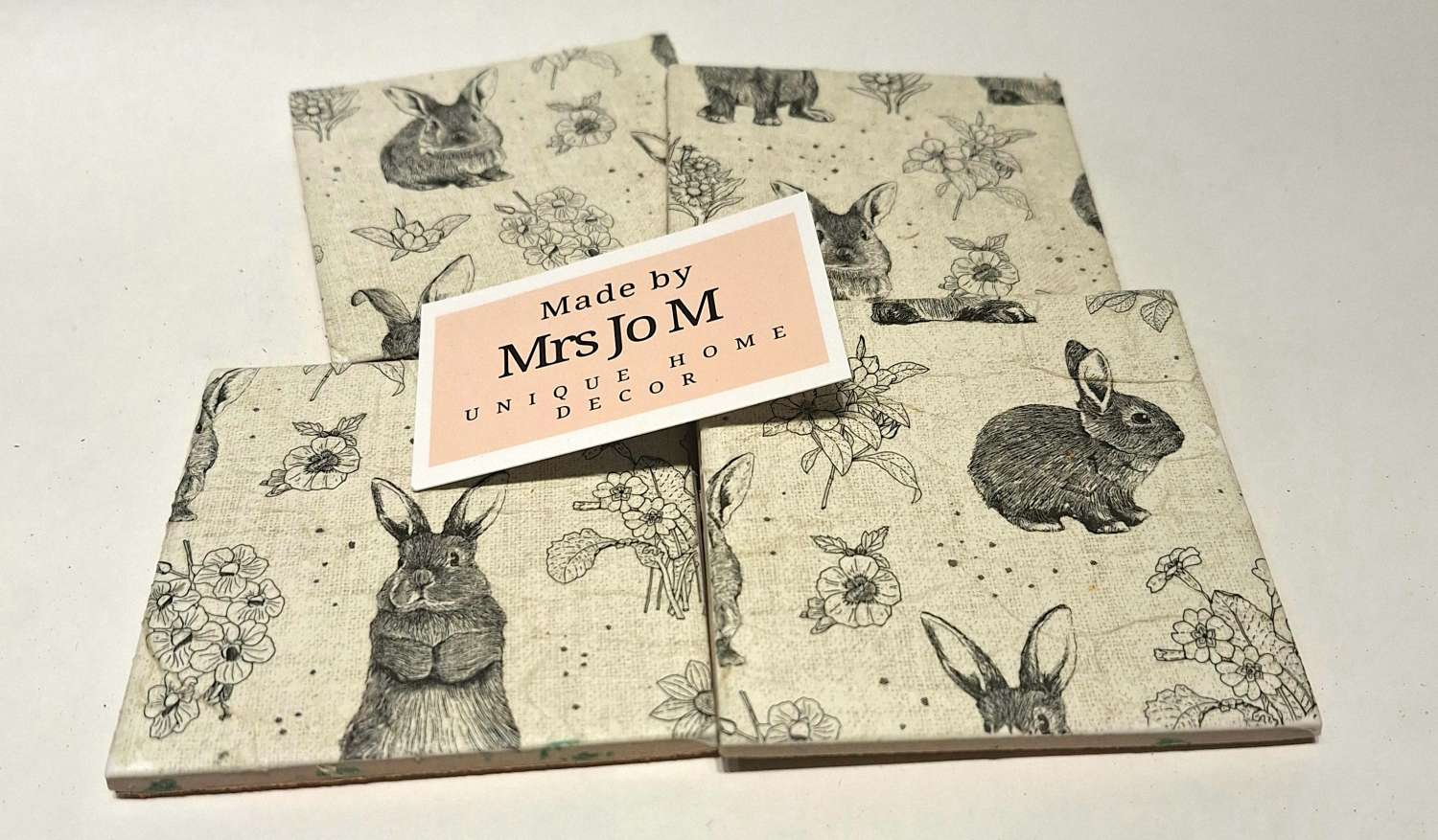 Coasters -Set of four vintage style bunny decoupage flowers Coasters -Set of four vintage style bunny decoupage flowers