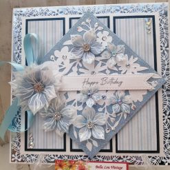Luxury Handmade Birthday - Blue & White Happy Birthday, floral panel with blue vellum flowers & striped background panels