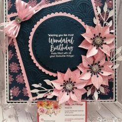 Luxury Handmade Birthday - Navy & Pink birthday card with spray of pink flowers, bow and sentiment to centre