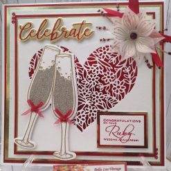 Luxury Handmade Card - Congratulations on Your Ruby Wedding Anniversary - Lace heart & glittery flutes