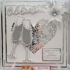 Luxury Handmade Card - Congratulations on Your Silver Wedding Anniversary - Lace heart & glittery flutes
