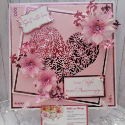 Luxury Handmade Card - Sent with Love - To My Wife on Our Anniversary - Pink Lace heart & vellum flowers