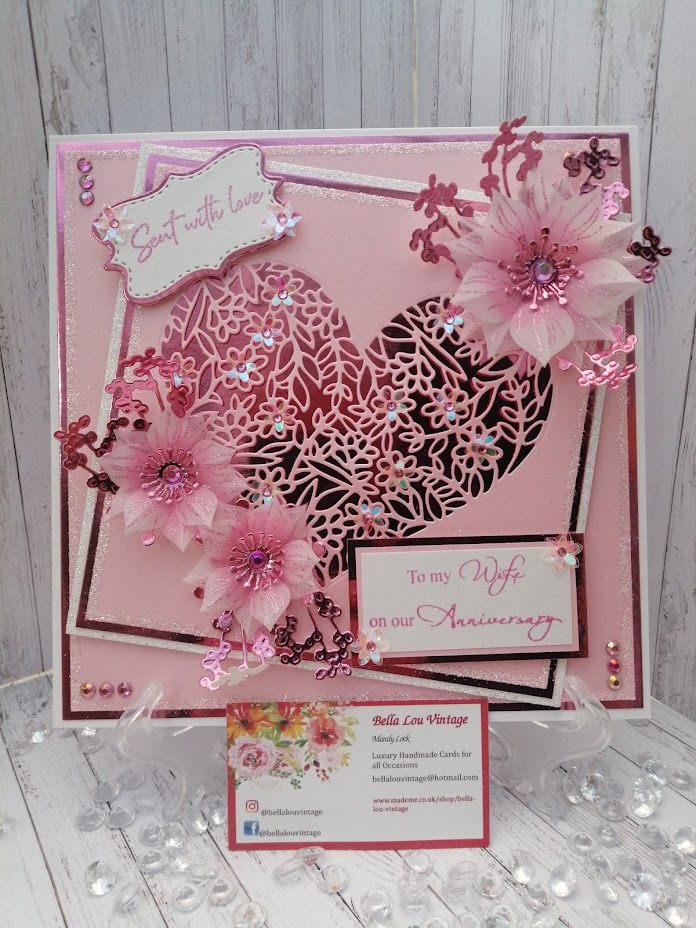 Luxury Handmade Card - Sent with Love - To My Wife on Our Anniversary - Pink Lace heart & vellum flowers Luxury Handmade Card - Sent with Love - To My Wife on Our Anniversary - Pink Lace heart & vellum flowers