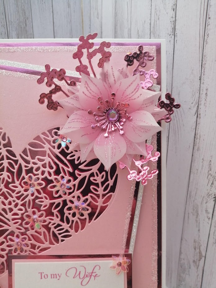 Luxury Handmade Card - Sent with Love - To My Wife on Our Anniversary - Pink Lace heart & vellum flowers Luxury Handmade Card - Sent with Love - To My Wife on Our Anniversary - Pink Lace heart & vellum flowers