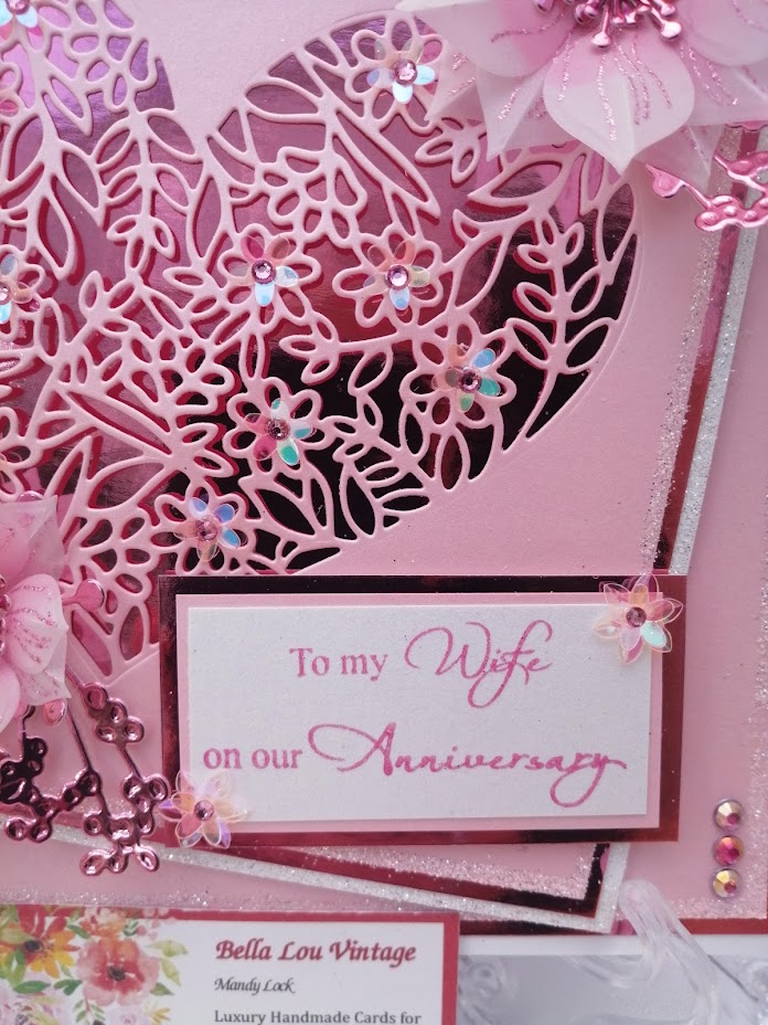 Luxury Handmade Card - Sent with Love - To My Wife on Our Anniversary - Pink Lace heart & vellum flowers Luxury Handmade Card - Sent with Love - To My Wife on Our Anniversary - Pink Lace heart & vellum flowers
