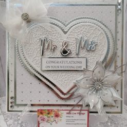 Luxury Handmade Wedding Card - White & Silver - Mr & Mrs Congratulations on your Wedding Day, Lacey heart with sparkly background, Flower with diamante centre