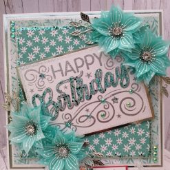 Luxury Handmade Birthday - Teal, white & silver, Happy Birthday sentiment panel with teal vellum flowers & diamante centres