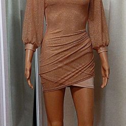 Helen - Asymmetric gold lycra & glitter mesh party dress