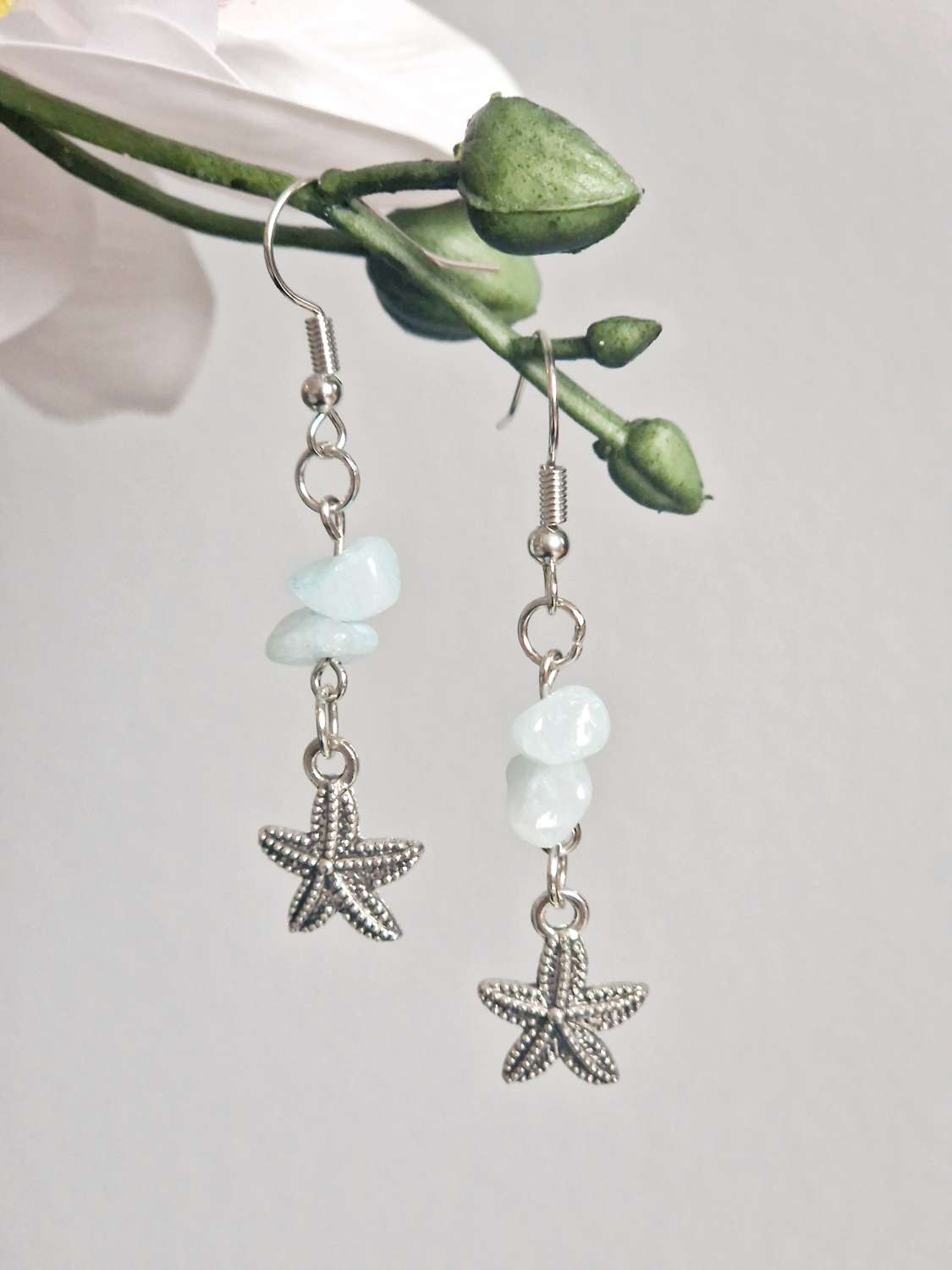 A Beautiful Pair of Blue Opal Gemstone and Silver Starfish Dangle Earrings A Beautiful Pair of Blue Opal Gemstone and Silver Starfish Dangle Earrings