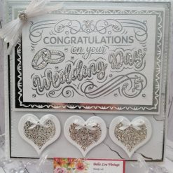 Luxury Handmade Wedding Card - White & Silver - Congratulations on your Wedding Day, Lacey panel & row of glittery hearts