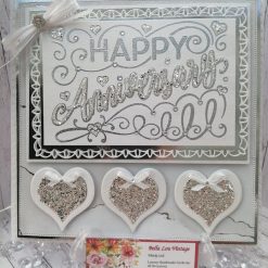 Luxury Handmade Card - Silver & White, Happy Anniversary, lacey panel & row of glittery hearts
