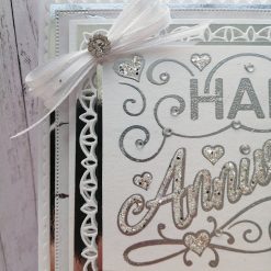 Luxury Handmade Card - Silver & White, Happy Anniversary, lacey panel & row of glittery hearts 3