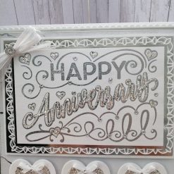 Luxury Handmade Card - Silver & White, Happy Anniversary, lacey panel & row of glittery hearts 2
