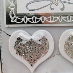 Luxury Handmade Card - Silver & White, Happy Anniversary, lacey panel & row of glittery hearts 4